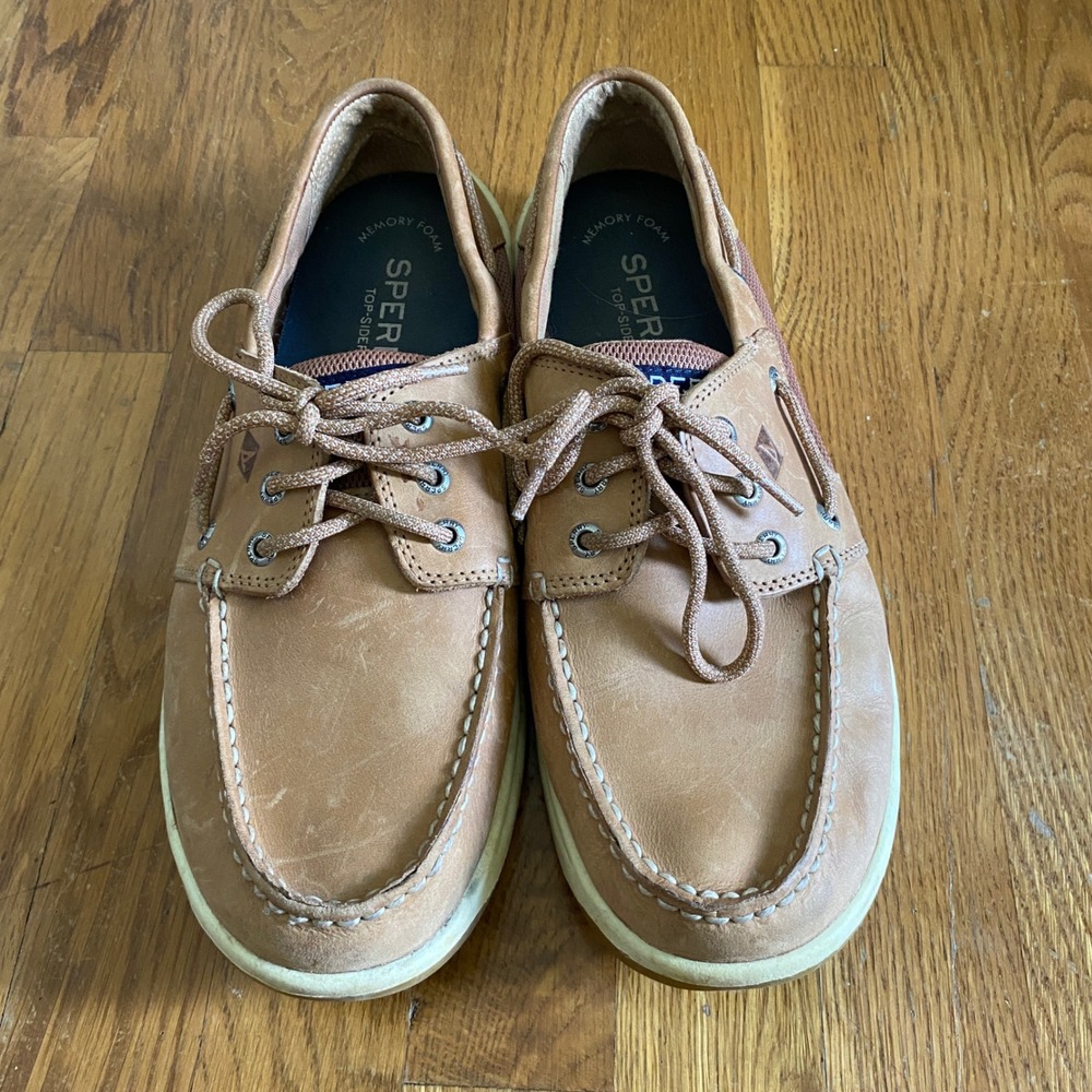 Sperry Boat Shoes Men 10.5 Tan Leather Mesh Memory Foam Classic Loafers STS17627 - Picture 2 of 10